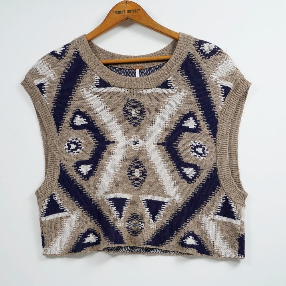 Free People Cyprus Geometric Sweater Vest XS Oversized Boho Knit Pullover